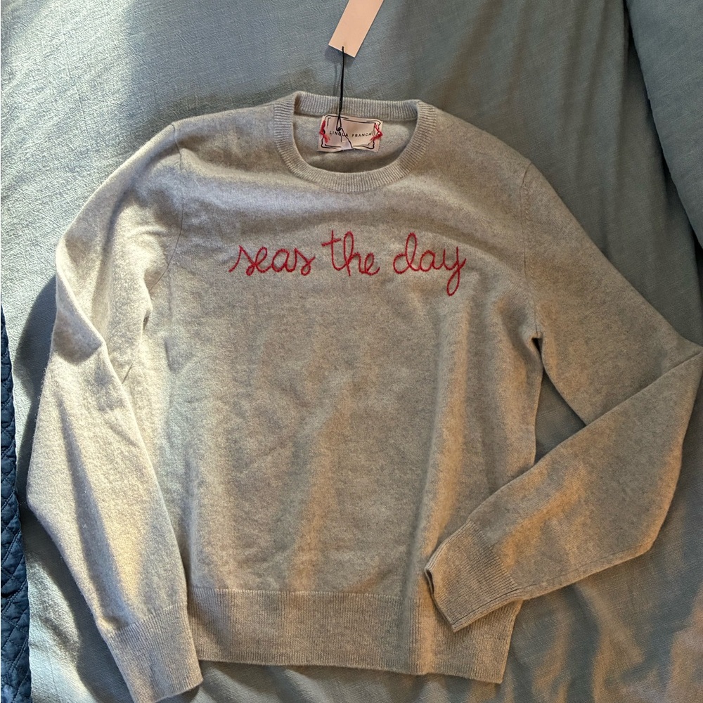 Seas the Day Gray Sweater with Red Script